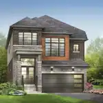 Contemporary 34-foot detached home at Empire Avalon featuring a mix of stone, brick, and natural wood siding with a modern glass-panel garage door.