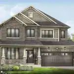 Rendering of a 42-foot detached single-family home at Empire Avalon showcasing a brick facade, double car garage, and craftsman-style porch.