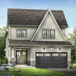 Two-story 33-foot detached house design at Empire Legacy featuring light horizontal siding, a prominent front gable, a double garage, and stone-wrapped porch pillars.