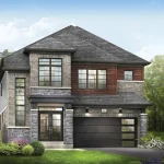 Exterior rendering of a 38-foot detached home at Empire Legacy showcasing a mixed brick, grey stone, and wood siding facade with a two-car garage.