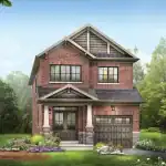 Architectural rendering of an Empire Riverland 27-foot detached single-family home, highlighting a traditional red brick exterior, gabled roofline, stone-pillared porch, and a single-car garage.