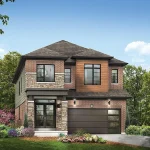 Front elevation rendering of an Empire Wyndfield 34-foot detached home featuring a mix of red brick, natural stone facade, wood accents, and a two-car garage.
