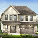 Front facade rendering of a spacious 42-foot detached home at Empire Wyndfield, featuring light beige horizontal siding, stone accents, and a wide two-car garage.