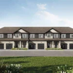 Straight-on architectural rendering of a multi-unit townhouse block at Empire Wyndfield with dark siding, stone brick foundations, and individual built-in garages.