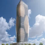 Exterior architectural rendering of the Aquanova Condos high-rise tower showcasing a modern staggered balcony design, glass facade, and street-level retail under a bright blue sky.