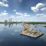 Aerial rendering of Aquanova Condos waterfront community featuring a vibrant public pier with a glass pavilion, sailboats on Lake Ontario, and the city skyline in the distance.