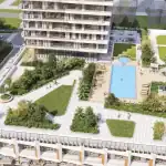 Aerial view of the Aquanova Condos outdoor amenity terrace including a swimming pool, lounge seating areas, manicured green spaces, and walking paths.