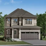 Exterior rendering of a 36-foot detached two-story home at Scenic Ridge in Paris, featuring a stone and brick facade with a one-car garage.