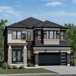 Modern two-story 40-foot detached home rendering at Scenic Ridge, showcasing a dark brick and light stucco exterior with a double-car garage.