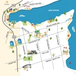 Illustrated area map of Mapleview Park showing its proximity to Lake Simcoe, the GO Station, Highway 400, and local shopping centers in Barrie and Innisfil.