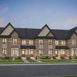 Architectural rendering of modern brick townhouse exteriors at Mapleview Park, featuring gabled roofs, large multi-pane windows, and manicured front lawns at dusk.