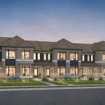 Modern townhome block rendering at Mapleview Park showcasing grey stone facades, dark siding accents, hip roofs, and lit windows at twilight.