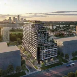 An aerial rendering of Arte Residences, a modern mid-rise condominium building with a terraced architectural design, set against a city skyline at sunset.
