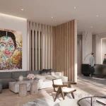 The luxury lobby lounge at Arte Residences, featuring a concierge desk, marble accents, contemporary seating, and a large colorful portrait painting.