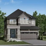 Rendering of a 36-foot detached two-story home with grey brick and stone exterior, double-car garage, and second-floor arched window at Nature's Grand.