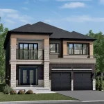 Rendering of a 40-foot detached two-story home with stone pillars, wood accents, a second-floor balcony, and a two-car garage at Nature's Grand.