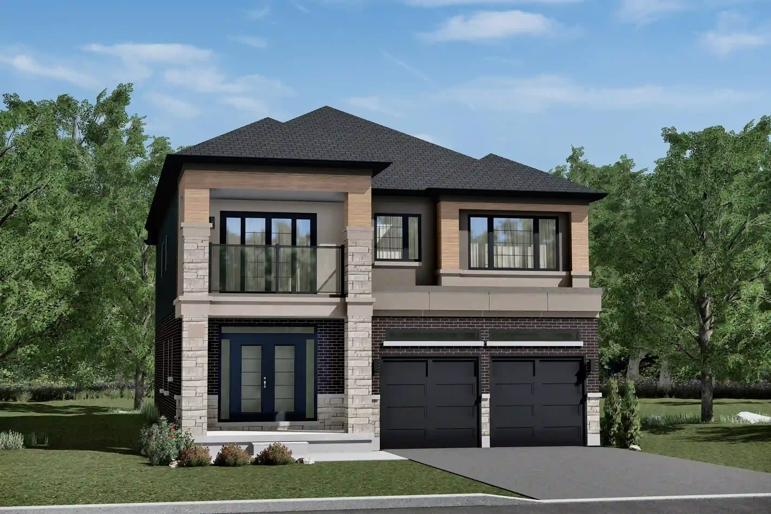Rendering of a 40-foot detached two-story home with stone pillars, wood accents, a second-floor balcony, and a two-car garage at Nature's Grand.