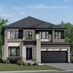 Rendering of a modern 44-foot detached two-story home featuring light stone, black accents, two-car garage, and large windows at Nature's Grand.
