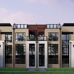 Architectural rendering of the modern exterior facade of The Towns on Bayview, featuring multi-story luxury townhomes with brick, white stone, and wood paneling accents, large windows, and rooftop terraces.