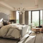 Luxurious master bedroom interior rendering at The Towns on Bayview, featuring a large bed with a tall grey headboard, custom wallpaper, floor-to-ceiling windows with drapes, and an elegant modern chandelier.
