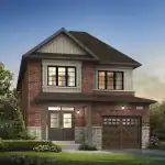 Exterior rendering of a 30' detached two-story home at Caledon Trails, featuring red brick masonry, a single-car garage with a wooden door, and professional landscaping.