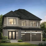 Front elevation of a 36' detached home at Caledon Trails, featuring a modern grey brick facade, double-car garage with glass panels, and a sleek contemporary entryway.