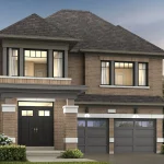 Architectural rendering of a 36-foot detached home with brown brick siding, front porch, and double garage at Windrose at Caledon Trails
