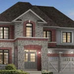 Exterior rendering of a 42-foot detached house featuring a grey stone and red brick facade with a two-car garage at Windrose at Caledon Trails