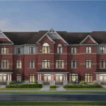 Exterior rendering of a 3-storey red brick rear-lane townhouse block at Windrose at Caledon Trails