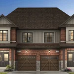 Rendering of a two-storey semi-detached home featuring red brick cladding and dark wood garage doors at Windrose at Caledon Trails