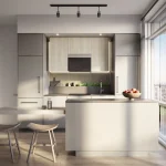 Bright modern kitchen interior at Alba Condos featuring minimalist cabinetry, a center island with bar stools, and large floor-to-ceiling windows.