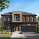Rendering of a modern 50-foot detached two-story home with stone and dark accent siding at Union Village.