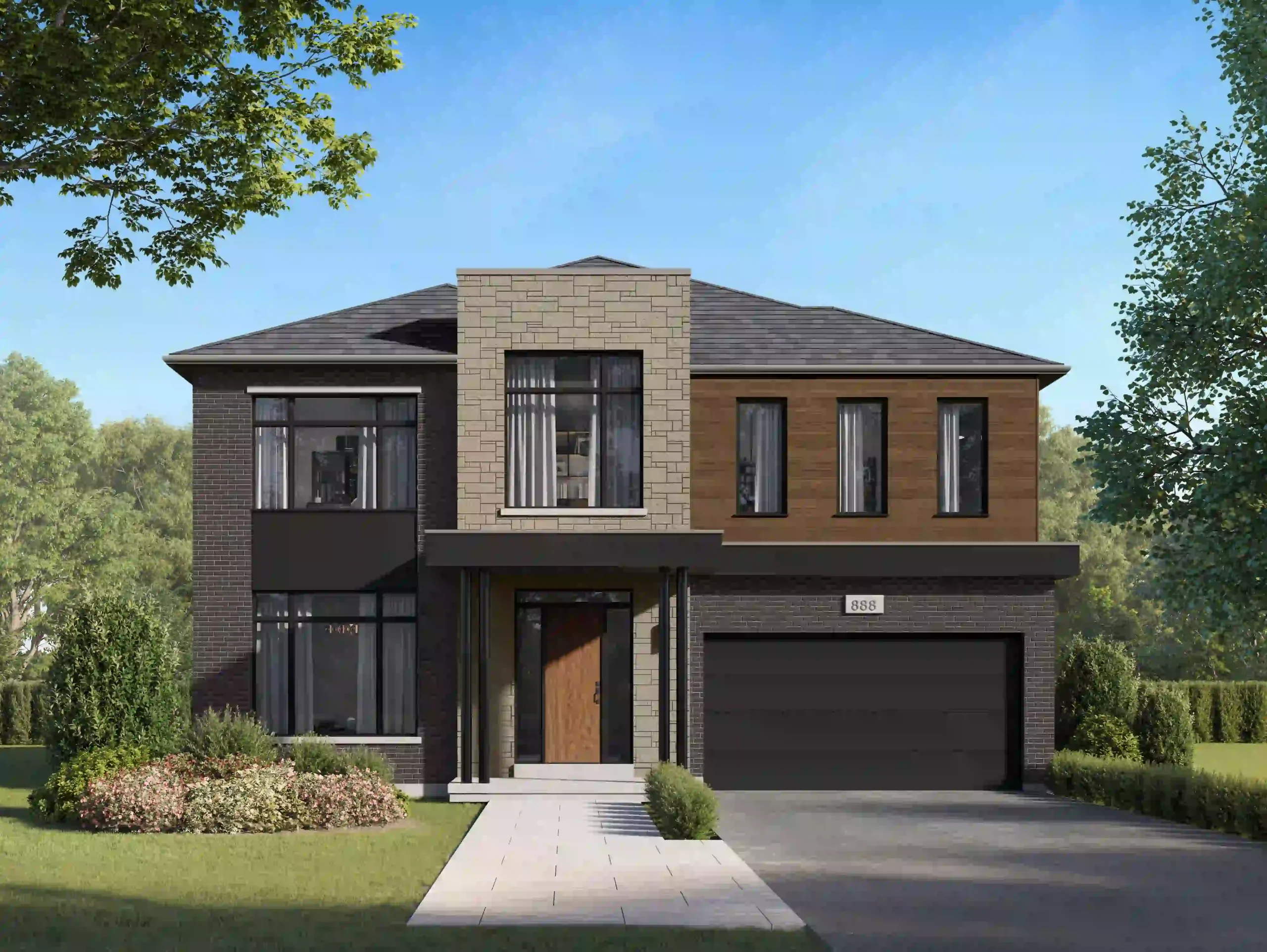 Rendering of a modern 50-foot detached two-story home with stone and dark accent siding at Union Village.