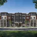 Exterior architectural rendering of rear lane townhomes with modern facades at Union Village.