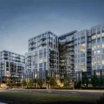 Exterior architectural rendering of Narrative Condos, showing modern mid-rise condominium buildings with white and grey facades, large grid-style windows illuminated at dusk, glass balconies, and landscaped streetscape with trees and cars.