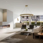Elegant building lobby interior rendering at Narrative Condos, featuring a linear fireplace, minimalist concierge desk, light wood-slat feature wall, modern furniture, and a large circular gold pendant light fixture.