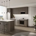 Modern open-concept suite kitchen interior at Narrative Condos, featuring dark wood cabinets, a marble-waterfall kitchen island with three grey counter stools, stainless steel appliances, and a floor-to-ceiling window showcasing park views.