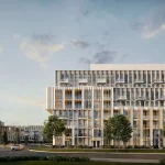 Architectural rendering of The Wilmot Condos in Oakville, featuring a modern mid-rise building with gold-accented vertical fins, glass balconies, and professional landscaping under a soft sunset sky.