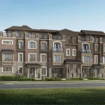 Architectural rendering of a multi-story block of Mattamy Homes rear lane townhouses in the Springwater Markham community featuring brown brick facades, stone accents, and rooftop terraces.