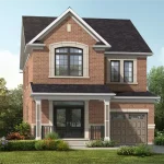 Exterior rendering of a two-story single car garage detached home in Springwater Markham with a classic red brick facade, dark shingle roof, and a covered front porch.
