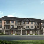 Modern multi-unit village homes building rendering by Mattamy Homes in Springwater Markham featuring grey stone cladding, brick upper accents, and private glass balconies.