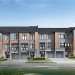 Architectural rendering of The Urban Collection at Esprit Newmarket featuring modern multi-storey townhomes with brick and stone exteriors, glass balconies, and built-in garages.