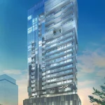 Architectural rendering of the Nautique Lakefront Residences condominium tower at dusk, showcasing its modern glass facade, staggered balconies, and street-level retail spaces.