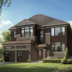 Modern two-story 52-foot detached home at Shoreline Point in Wasaga Beach, showcasing dark wood-style siding, stone exterior, large windows, and a double garage.