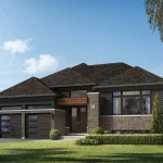 Exterior rendering of a modern 60-foot detached bungalow at Shoreline Point, featuring a dark siding facade, stone accents, a two-car garage, and professional landscaping.