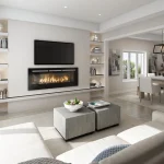 Bright, open-concept family room interior at Shoreline Point, featuring a modern linear gas fireplace, built-in shelving, and a view into the formal dining area.