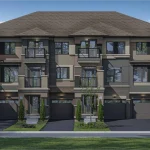 Exterior view of three-story modern townhomes at Sienna Woods with dark accent trim and integrated garages.