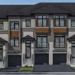 Exterior rendering of modern multi-unit townhouse row at Sienna Woods featuring garage entrances and balconies.