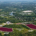 Aerial site map of the Sienna Woods development showing West and East parcels near Grand River and Downtown Brantford.