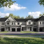 Exterior architectural rendering of modern 2-storey townhomes in the Upper Joshua Creek community by Mattamy Homes, featuring light stone facades, black roofs, and manicured front lawns.